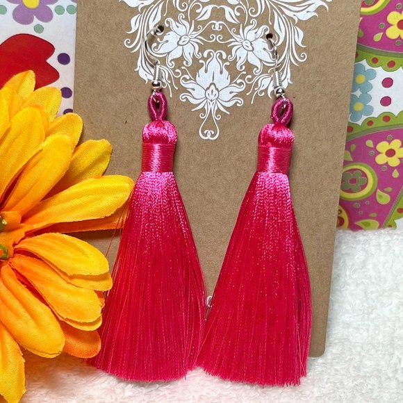 Tassel Earrings Long Drop Dangles Pink Smooth Silky Fringe Dressy Elegance NWT - Picture 3 of 4
